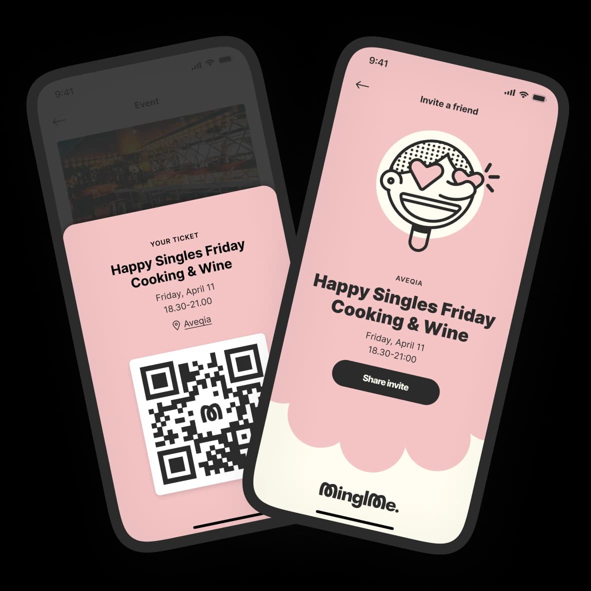 Two smartphone screens showing the MingMe app interface with a clean, inviting design featuring profile photos and conversation prompts that encourage genuine connections.