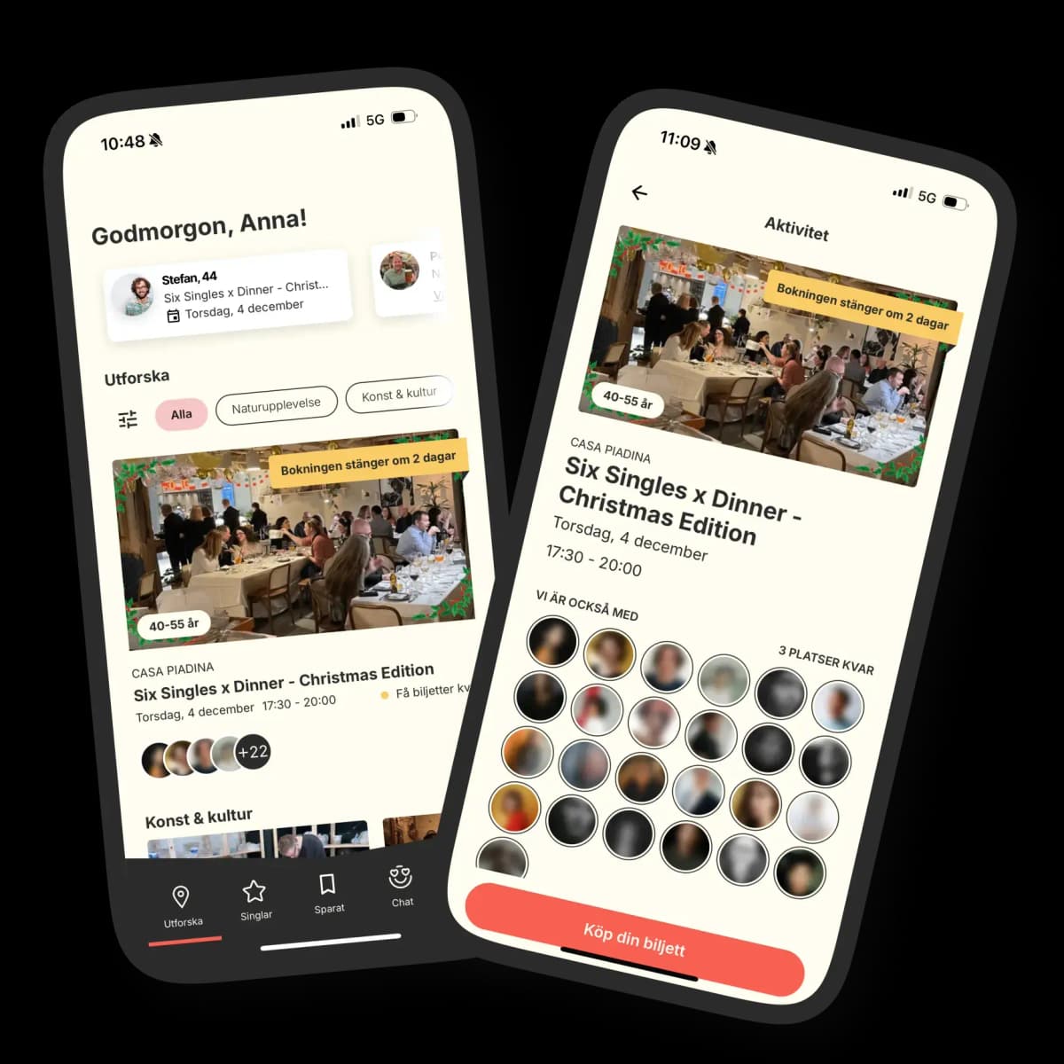 Two smartphone screens showing the MingMe app interface with a clean, inviting design featuring profile photos and conversation prompts that encourage genuine connections.